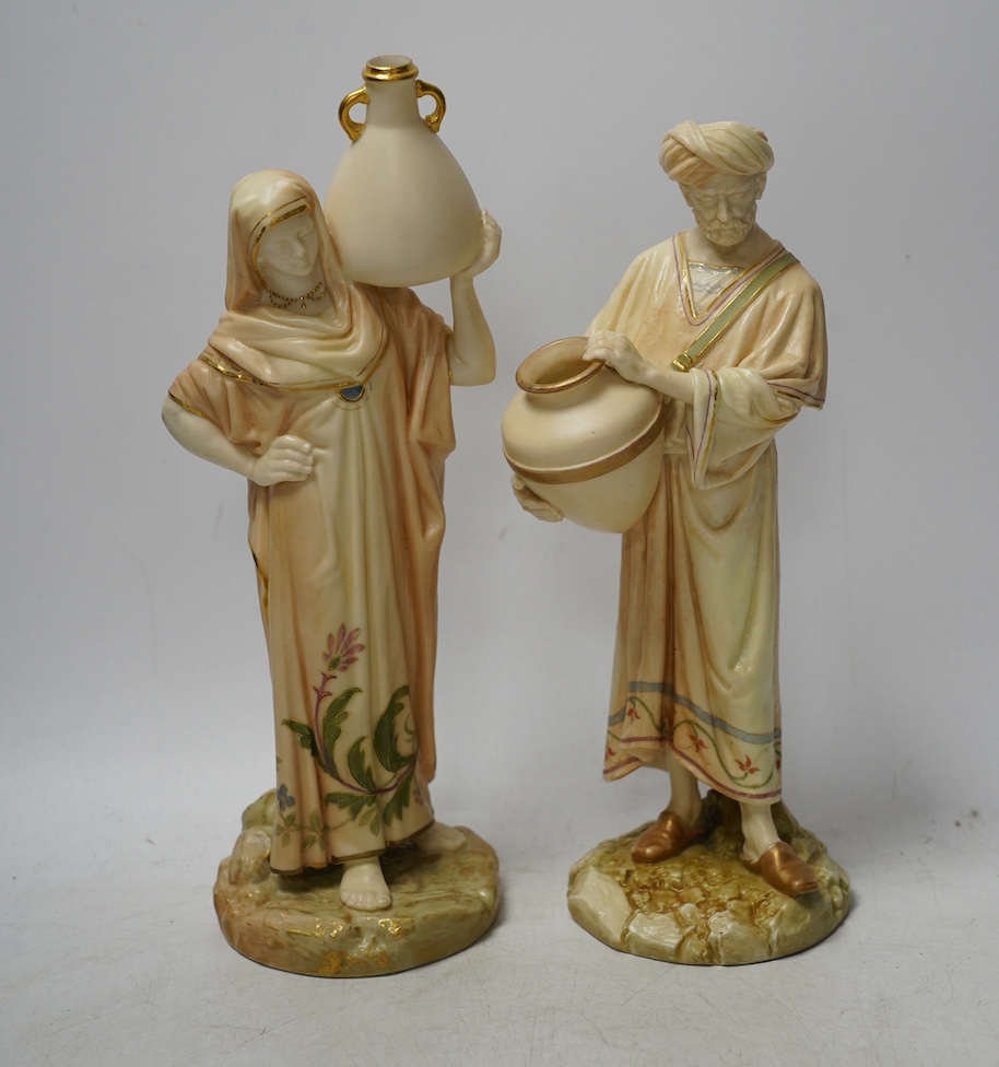 Two Worcester water carrier figures, 1250, largest 25cm high. Condition - good